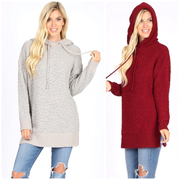 Sweaters - Gray Hooded Long Sleeve Popcorn Sweater